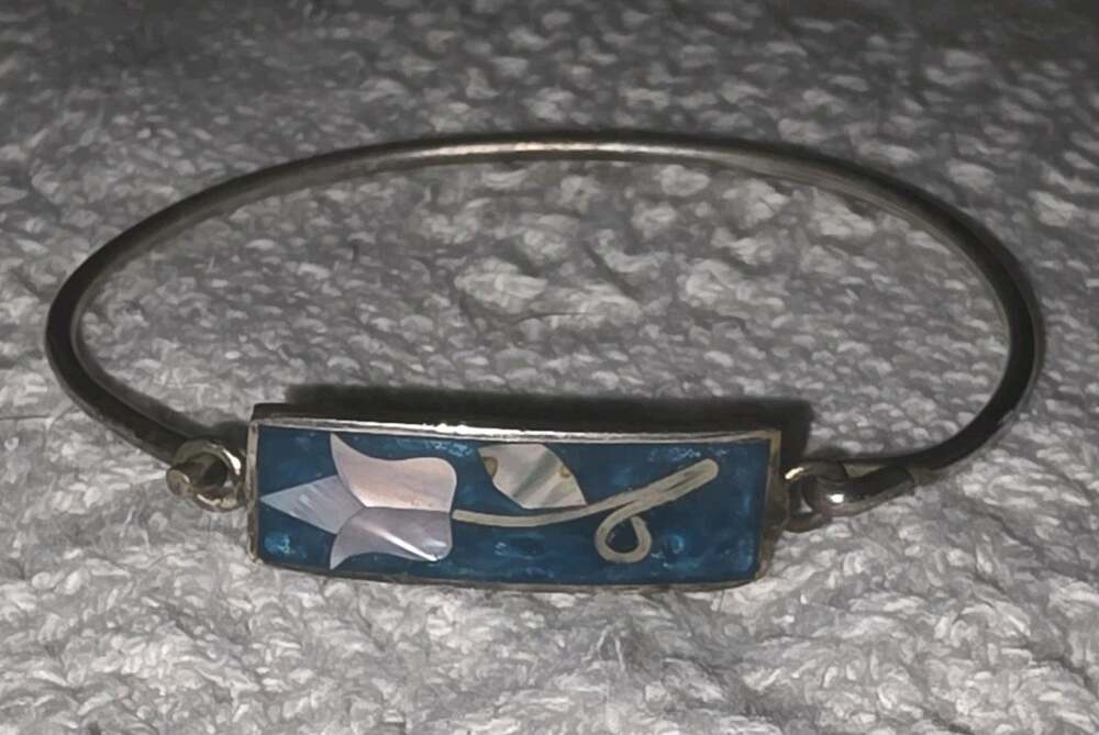 Vintage Mexico Alpaca Floral Abalone & Turquoise Inlay Hinged Bangle Bracelet